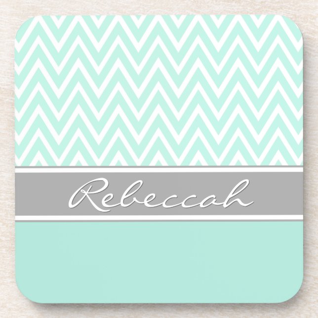 Dessous-de-verre Mint Green White Chevron Zigzag Motif Grey Nom (Devant)