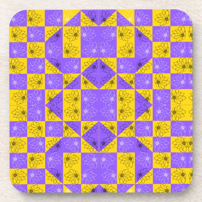 Dessous-de-verre Modèle floral moderne violet & doré Checkerboard (Devant)