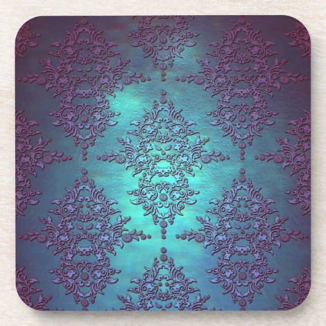 Dessous-de-verre Modèle Turquoise à pourpre damassé (Devant)