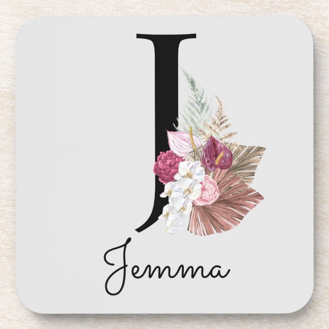 Dessous-de-verre Monogram Pink Boho Girly Floral Initial J (Devant)