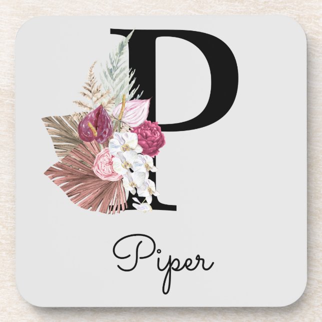 Dessous-de-verre Monogram Pink Boho Girly Floral Initial P (Devant)