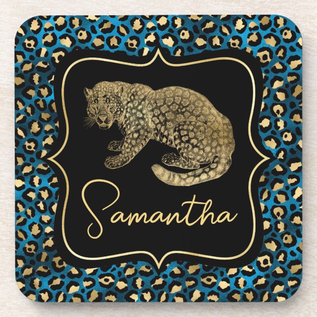 Dessous-de-verre Monogramme Animalier Or Imprimé Léopard Bleu Luxe (Devant)