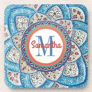 Dessous-de-verre Monogramme bleu turquoise traditionnel marocain