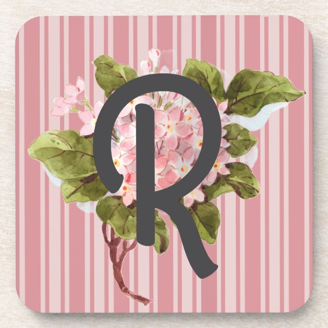 Dessous-de-verre Monogramme et fleurs sur rayures roses (Devant)
