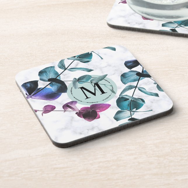 Dessous-de-verre Monogramme feuillage d'eucalyptus en marbre blanc  (Côté gauche)