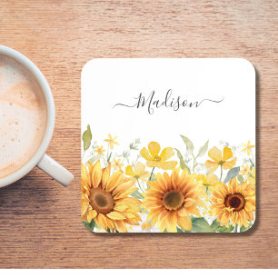 Dessous-de-verre Monogramme Fleur Jaune Tournesol Floral Botanique