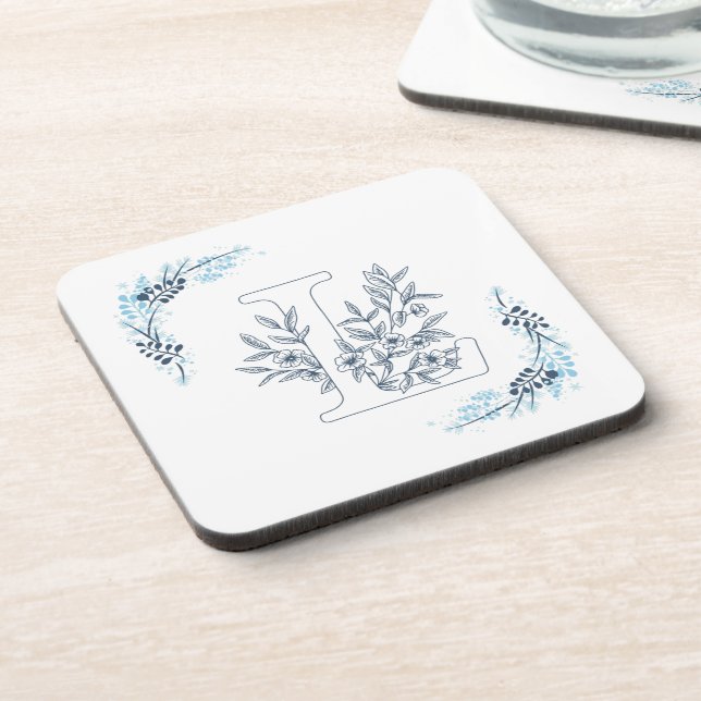 Dessous-de-verre Monogramme floral bleu "L" initial serein (Côté gauche)