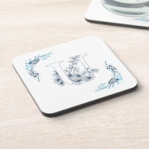 Dessous-de-verre Monogramme floral bleu "U" calme