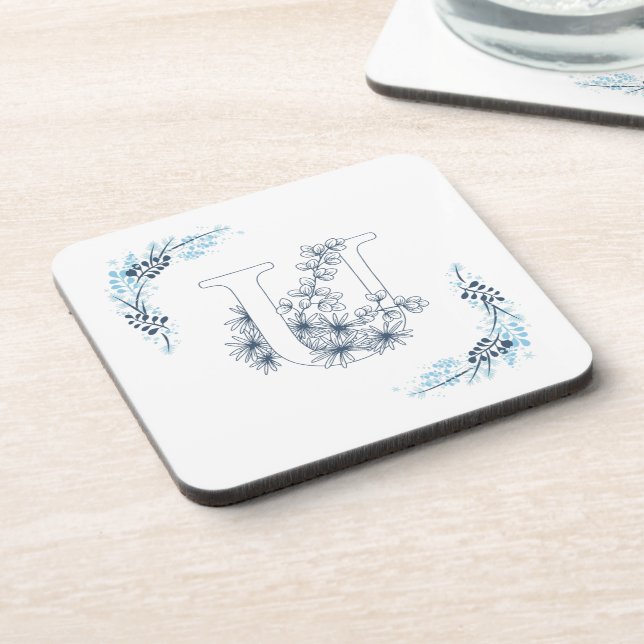 Dessous-de-verre Monogramme floral bleu "U" calme (Côté gauche)