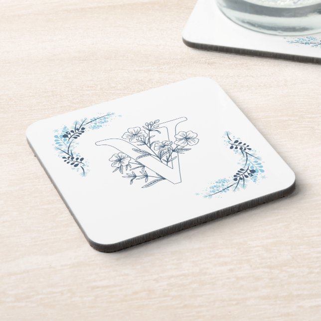 Dessous-de-verre Monogramme floral bleu "V" initial calmé (Côté gauche)