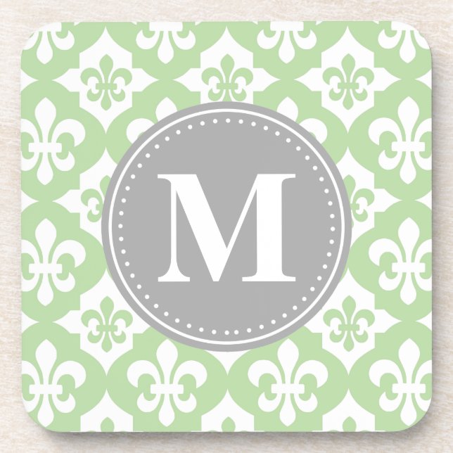 Dessous-de-verre Monogramme gris vert à la menthe de fleur de lis (Devant)