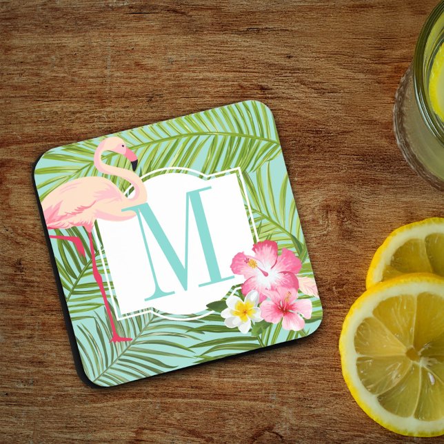 Dessous-de-verre Monogramme Initial Floral Flamant Rose Tropical (Créateur téléchargé)