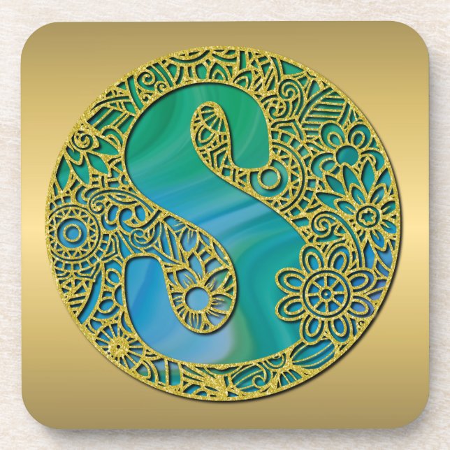 Dessous-de-verre Monogramme Initial Moderne Lettre Dorée et Turquoi (Devant)