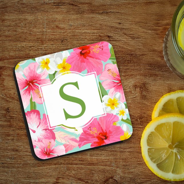 Dessous-de-verre Monogramme Initial personnalisé Fleurs Tropicales  (Créateur téléchargé)