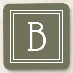 Dessous-de-verre Monogramme Moderne en Vert Mousse et Blanc Initial