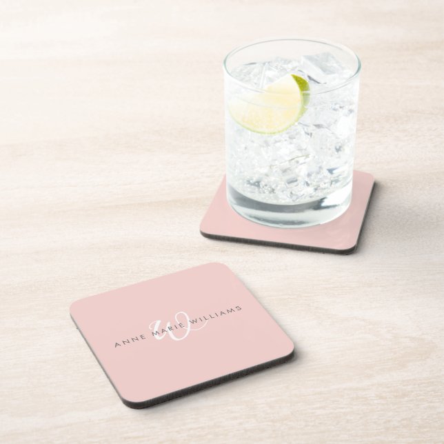Dessous-de-verre Monogramme Moderne Rose Pâle Blanc Script (Côté Droit)