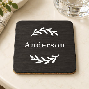 Dessous-de-verre Monogramme Nom Bois Charbon Rustique Laurier