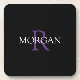 Dessous-de-verre Monogramme & nom DIY, texte violet et blanc, noir
