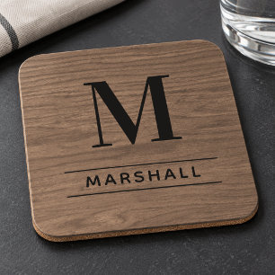 Dessous-de-verre Monogramme Nom Serif Bois Brun Rustique
