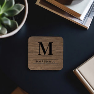 Dessous-de-verre Monogramme Nom Serif Bois Brun Rustique