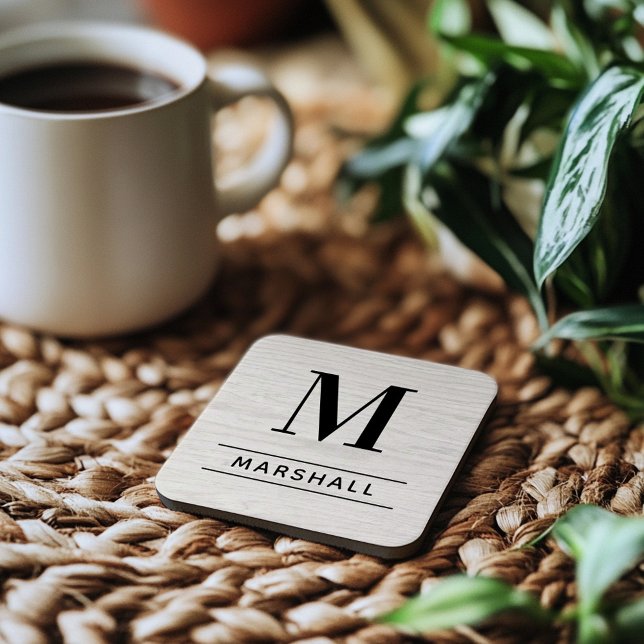 Dessous-de-verre Monogramme Nom Serif Bois Pâle Rustique (Créateur téléchargé)
