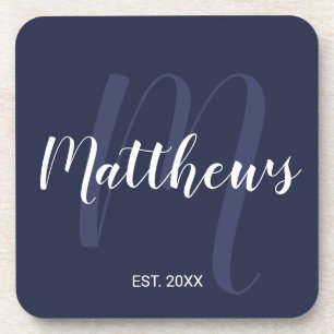 Dessous-de-verre Monogramme personnalisé et nom de famille bleu mar