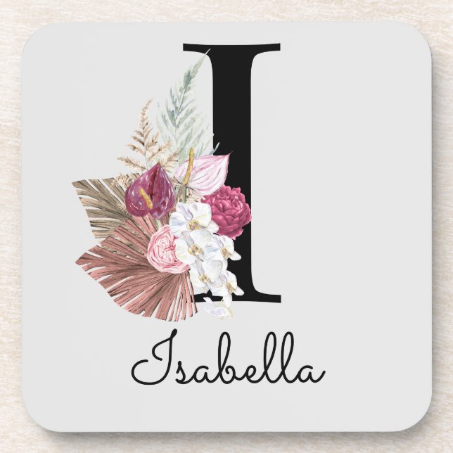 Dessous-de-verre Monogramme Rose Boho Féminin Floral Initiale I (Devant)