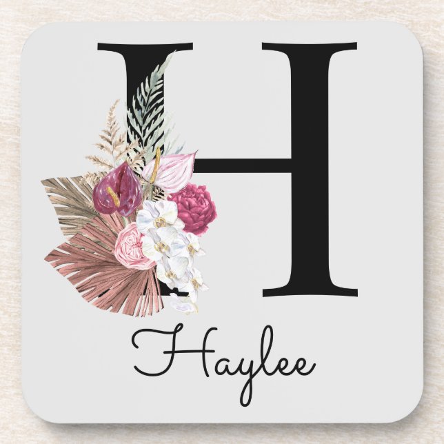 Dessous-de-verre Monogramme Rose Boho Girl Floral Initial H (Devant)