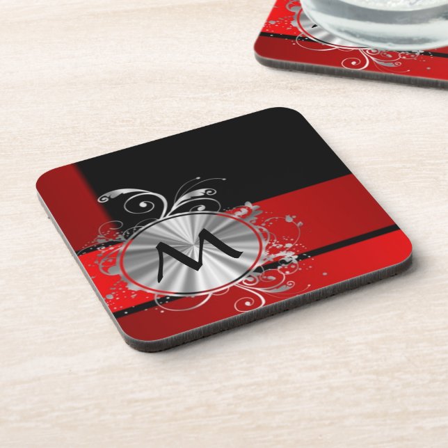 Dessous-de-verre Monogramme rouge et argenté moderne (Côté gauche)