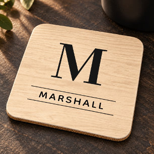 Dessous-de-verre Monogramme Serif en Bois Naturel Rustique Nom