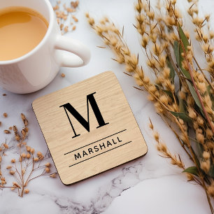 Dessous-de-verre Monogramme Serif en Bois Naturel Rustique Nom