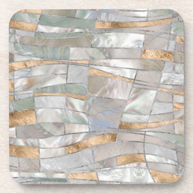 Dessous-de-verre Mosaic Waves Art - Pearl et Pastel Gold (Devant)