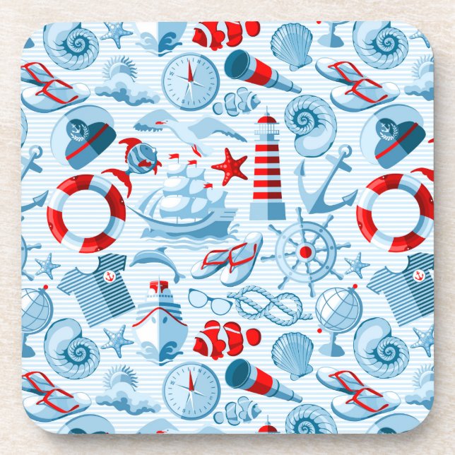 Dessous-de-verre Motif blanc et bleu rouge nautique (Devant)