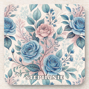 Dessous-de-verre Motif bleu et rose sur blanc doux