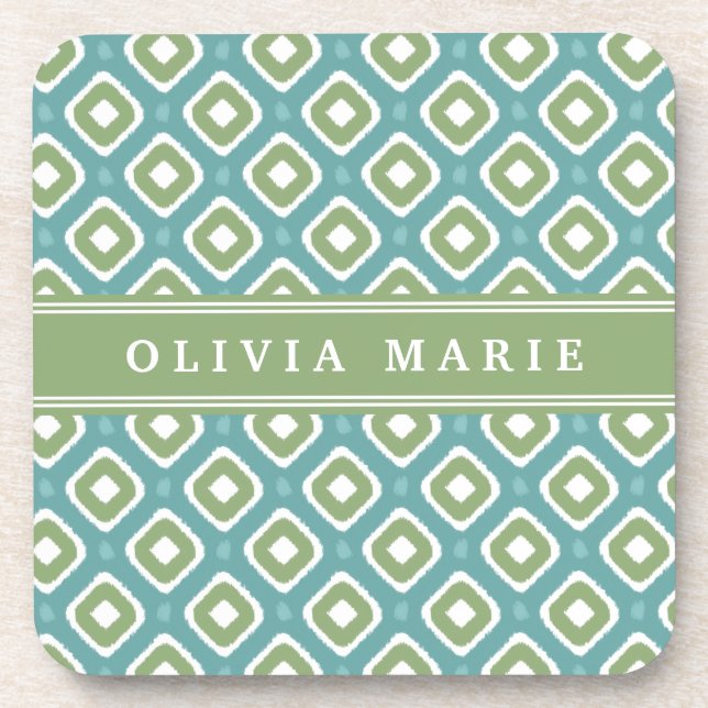 Dessous-de-verre Motif bleu vert Ikat Mod avec nom (Devant)