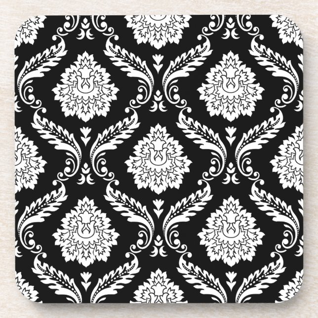 Dessous-de-verre Motif Damassé Rococo Blanc sur Noir (Devant)