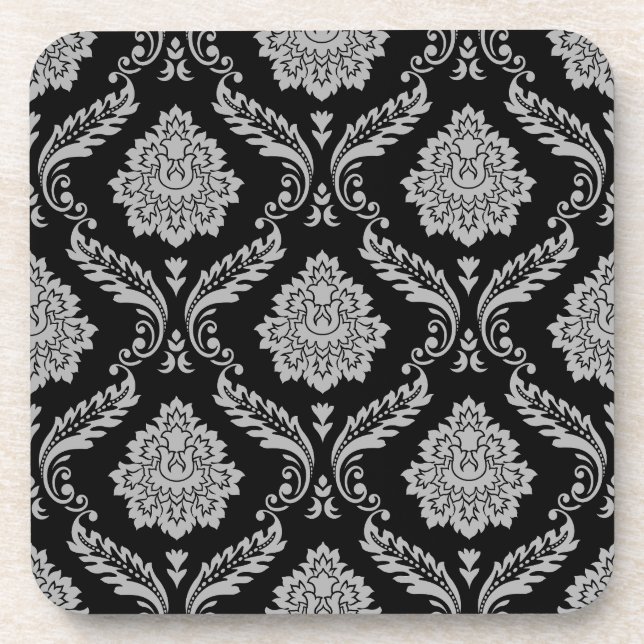 Dessous-de-verre Motif Damassé Rococo Gris sur Fond Noir (Devant)