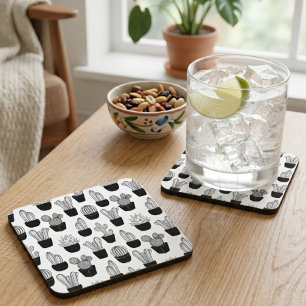 Dessous-de-verre Motif d'art en ligne noire de cactus