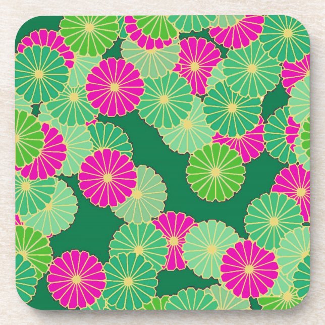 Dessous-de-verre Motif de fleurs Art Déco - tons verts, fuchsia (Devant)