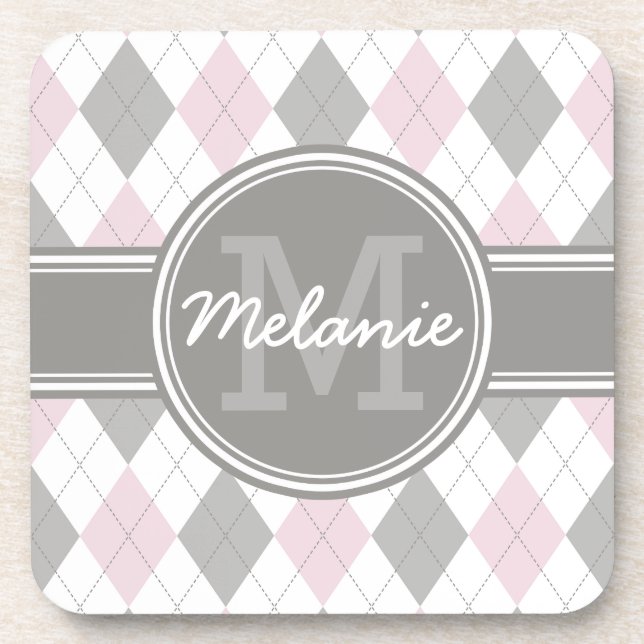 Dessous-de-verre Motif de Jacquard rose et gris monogramme (Devant)