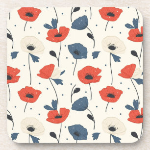 Dessous-de-verre Motif de Poppies d'aquarelle - Rouge, Bleu et Blan