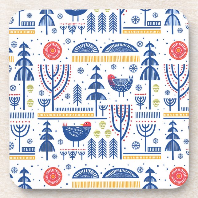 Dessous-de-verre Motif d'oiseau d'hiver d'art populaire (Devant)