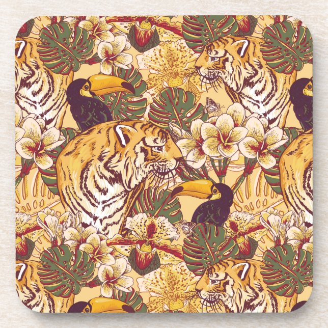 Dessous-de-verre Motif floral tropical avec le tigre (Devant)