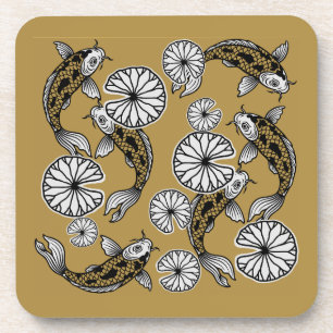 Dessous-de-verre Motif folklorique de carpe dorée indigo japonaise