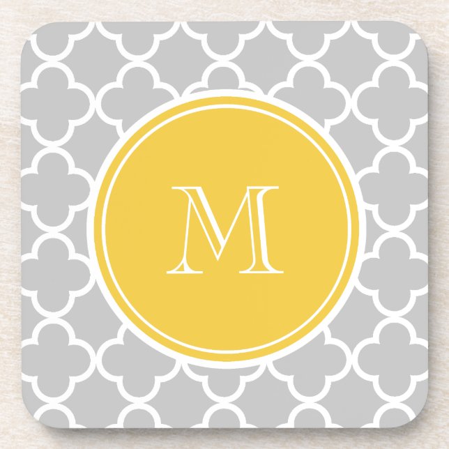 Dessous-de-verre Motif gris de Quatrefoil, monogramme jaune (Devant)