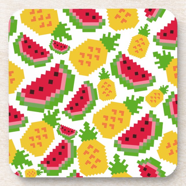 Dessous-de-verre Motif Pixel de Pastèque Tropicale et Ananas (Devant)