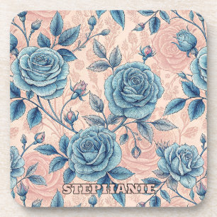 Dessous-de-verre Motif Rose bleu rétro sur Arrière - plan rose doux