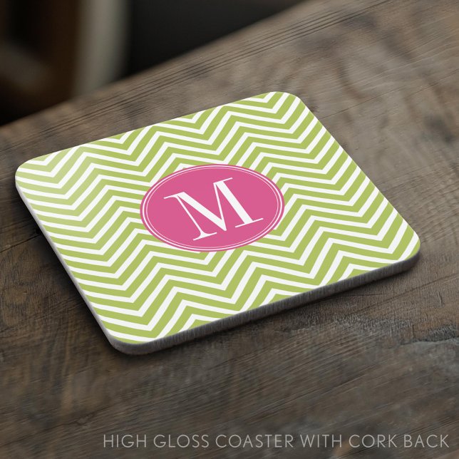 Dessous-de-verre Motif rose et vert Chevron avec Monogramme (Custom Coaster)