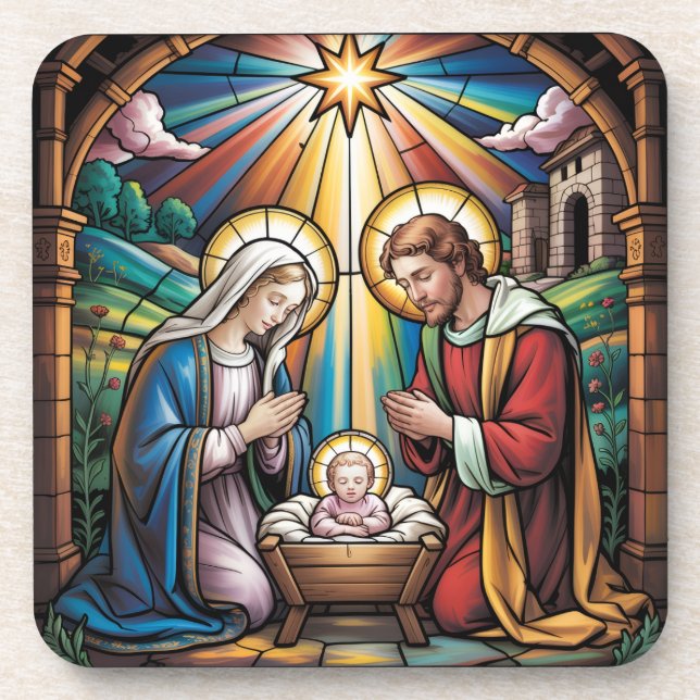 Dessous-de-verre Nativity Stained Glass Art – Holy Family Christmas (Devant)