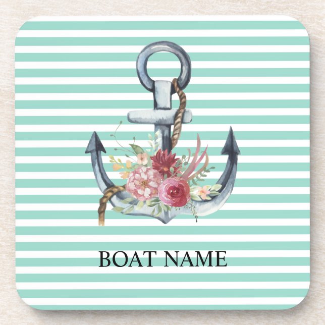 Dessous-de-verre Nautique, Fleurs d'Ancres Mint Vert rayures (Devant)
